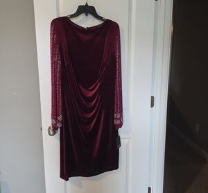 MARINA Burgundy Velvet Long-Sleeve Dress with Embellished Sleeves